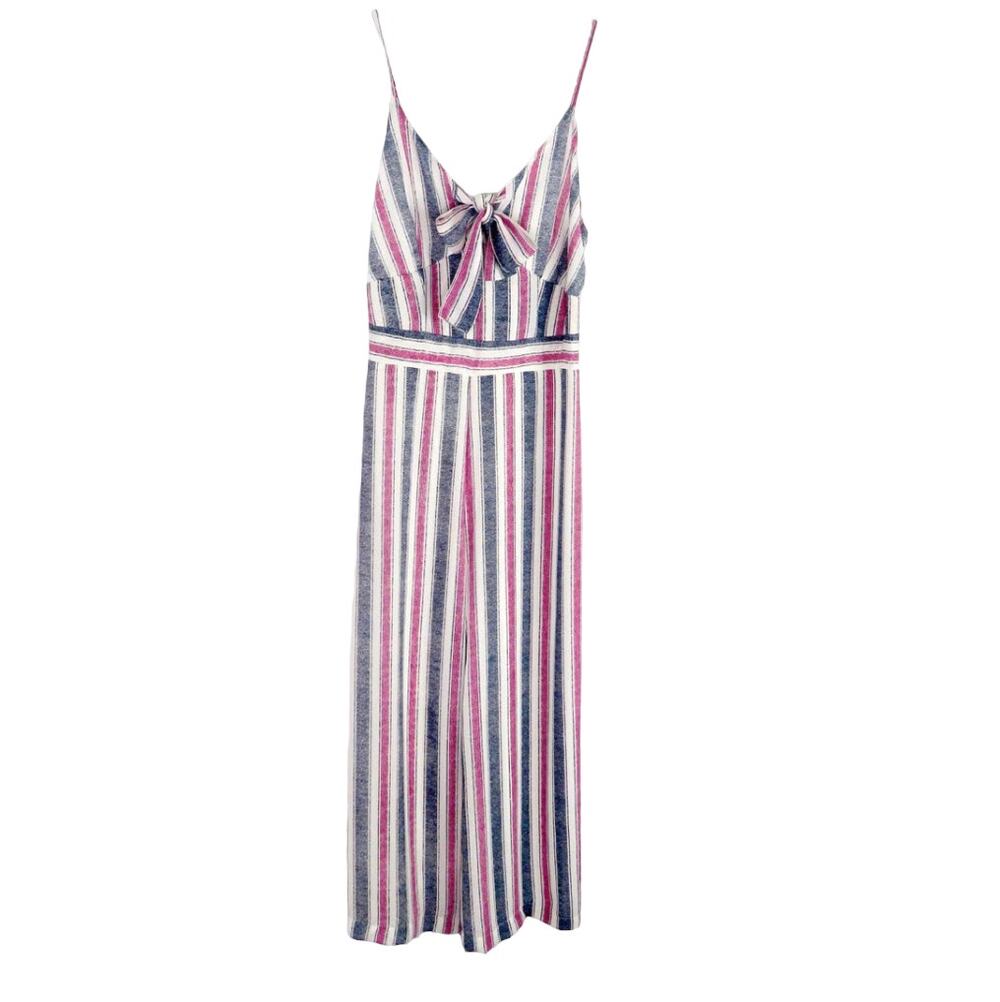 Japna Pink & Blue Striped Knot Front Sleevless Jumpsuit Pinstripe Small Preppy